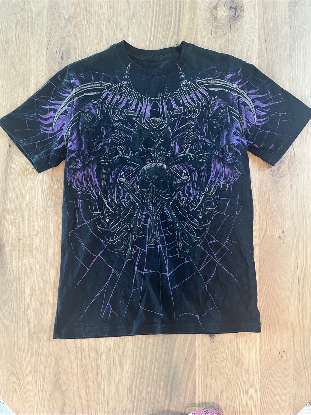 Affliction Black Tee with Purple Gothic Skull Graphic
